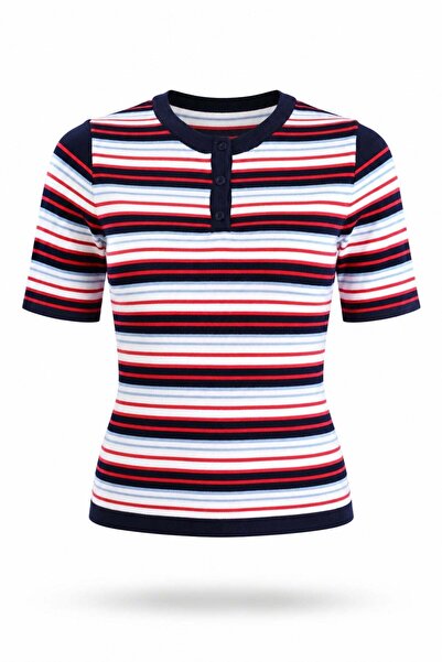 5in1Canpolat Navy Blue Striped Short Sleeve Knitwear 140642