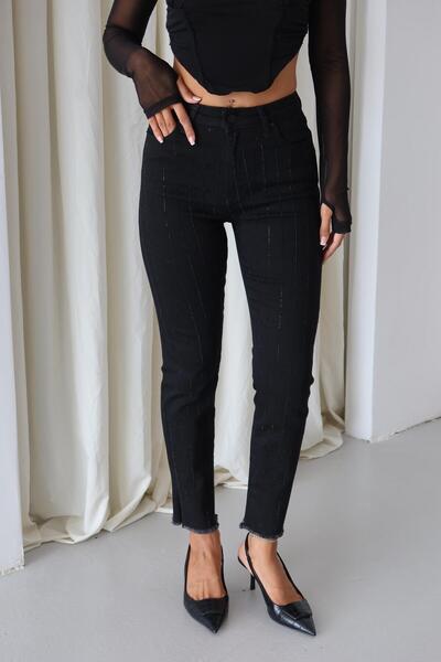 Moda Days Women's Black Stone Striped Black High Waist Stone Striped Cut-Off ...
