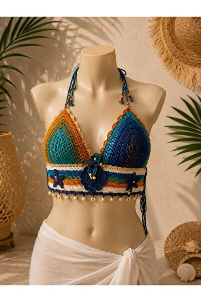 El Örgüsü Mavi Crop Top