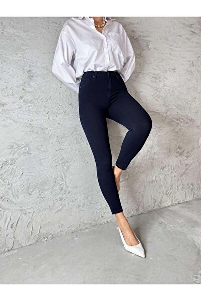 Clothes Fast Pantaloni de damă, ALBASTRU MARIN, cu talie înaltă, cu picior în...