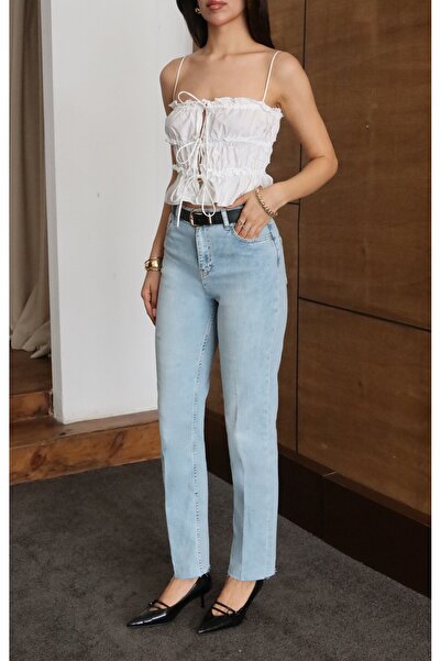 Clothes Fast Women's Light Blue Belted Straight Jean Trousers High Waist Belt...