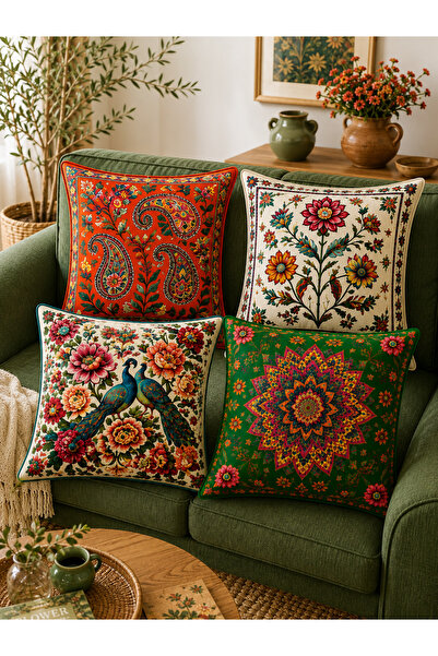 ayshome textile Ays Home Ethnic Floral Patterned Double-Sided 4-Piece Throw P...