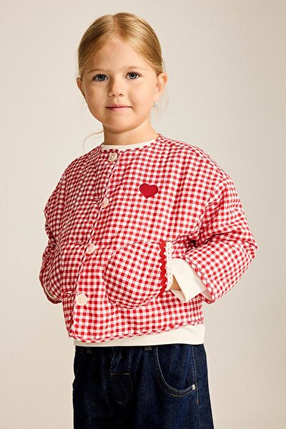 DeFacto Crew Neck Gingham Patterned Heart Detailed Quilted Coat Jacket Baby G...