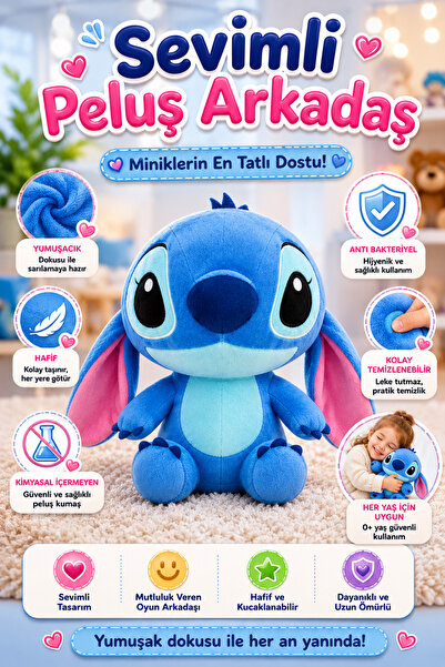cayenna Stitch Sevimli Mavi Peluş Oyuncak 35 cm – Yumuşak Dokulu Büyük Kulakl...