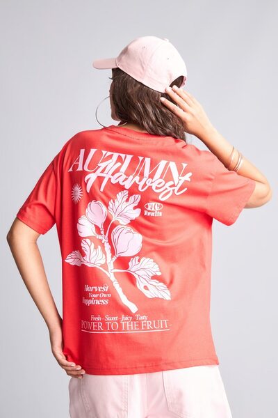 DeFacto Oversize Crew Neck Back Print Ribbed Short Sleeve T-Shirt I5342Ax26Hs
