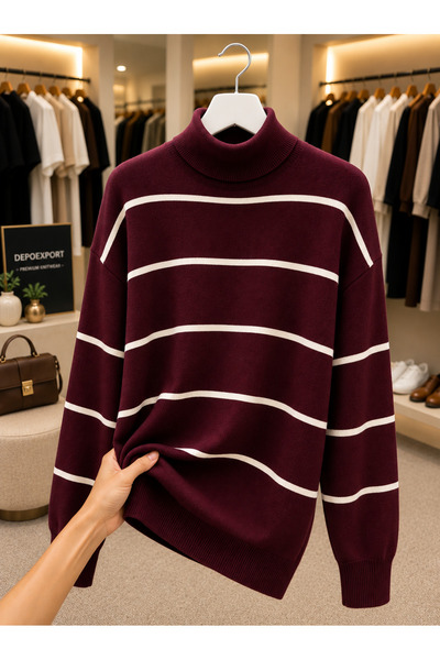 DepoExport Women's Half-Throat Striped Knitwear Sweater Oversize Loose Design