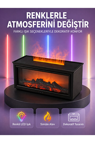 Şömine Görünümlü Hava Nemlendirici Renkli LED Işıklı Aroma Difüzörü -