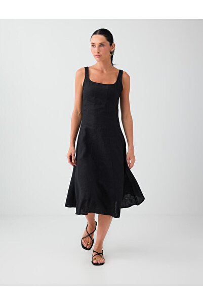Jimmy Key Black 100% Linen U-Neck Sleeveless Midi Dress