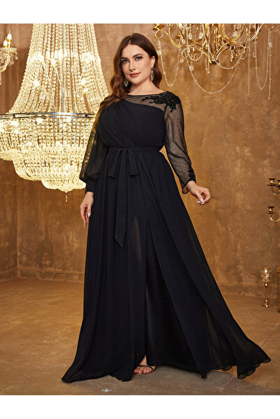 SUPGIR Plus Size Black Beads Embellished A-Line Chiffon Maxi Dress