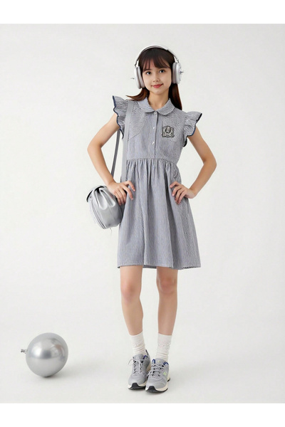 Take Two By Styli Girls Striped A-Line Dress with Ruffle Sleeves