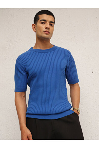 Mascln Sassafras By Styli Men Blue Rib Relaxed Fit Round Neck T-Shirt