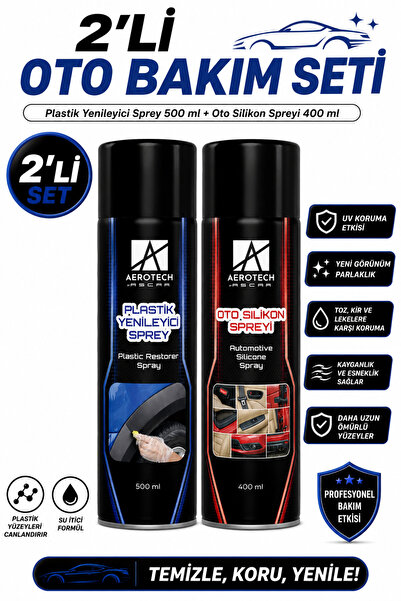 Aerotech 2'li Oto Bakım Seti Plastik Yenileyici Sprey 500 ml + Oto Silikon Sp...