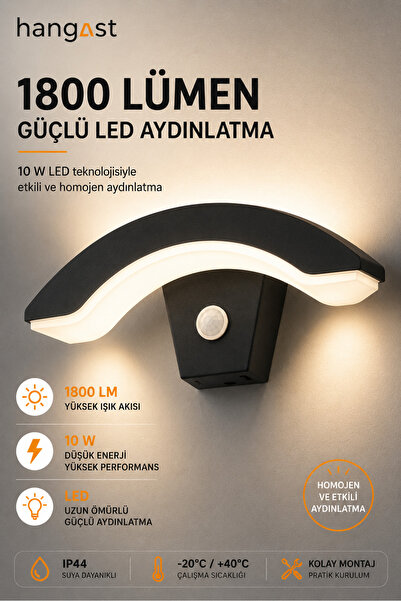 HANGAST Sensörlü Yarım Ay LED Aplik 24W 1800 LM 3200K Sıcak Beyaz Hareket Sensörlü | Duvar Lambası
