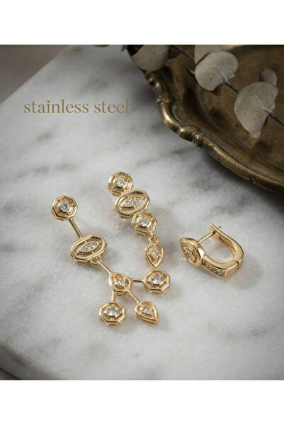stainless steell طقم أقراط من 3 قطع من حجر الزركون النحاسي بتصميم هندسي ولون ...