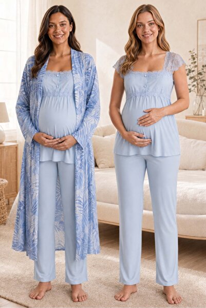 ByLohusa Patterned Dressing Gown Maternity and Breastfeeding Pajama Set Effor...