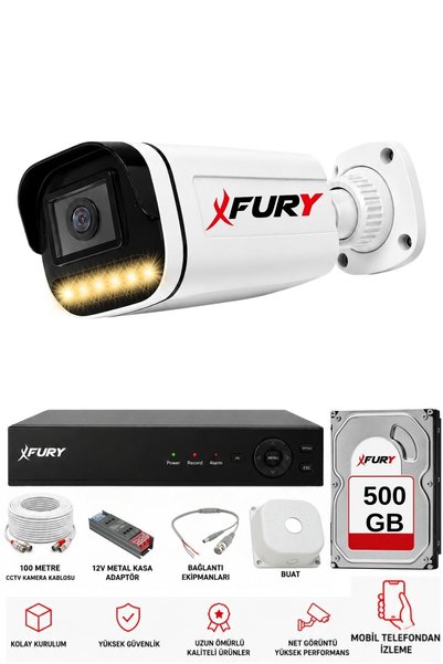 FURY 1 Kameralı AHD Güvenlik Kamera Sistemi 500 GB HDD 100 Metre Kablo Gece Renkli 6 Warm LED 2206