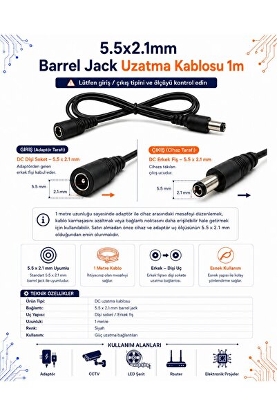 RobotikDepo 2.1mm Barrel Jack Uzatma Kablosu 1m