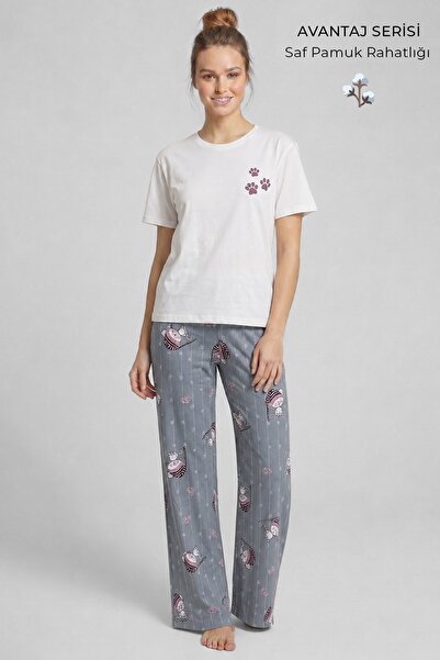 Aytuğ&Mısırlı Egyptian Women's Cotton Pajama Set Gray/White