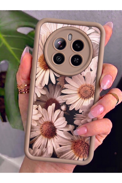 Rivor Realme 12 4G & Realme 12 Plus Uyumlu Kılıf Kamera Korumalı Vintage Papatya Desenli Kahverengi Silikon Kapak