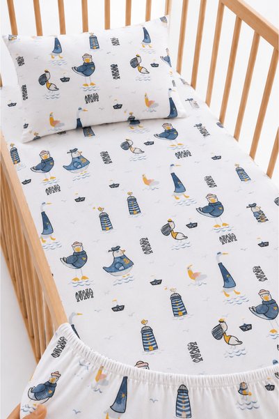 Bebelz 100% Cotton Blue Duck Patterned Baby Elastic Sheet Set - 2 Pillowcases...