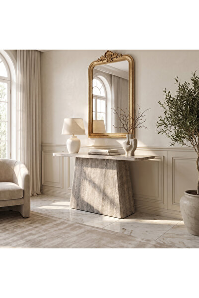 Ebticar Modern Console Table with Faux Marble Top and Metal Design – Light Gray