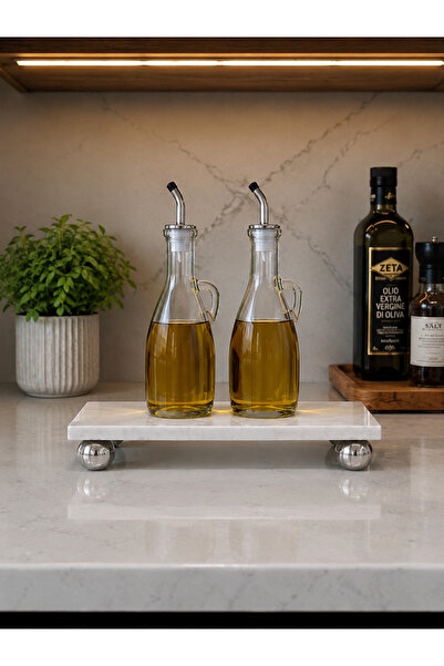 EMFA HOME Mermer Yağlık Altı 23x12 Cm Mermer Sunumluk Gümüş Metal Ayaklı