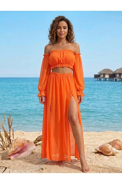 Maser Orange Two-Piece Set with Slits, Long Skirt and Crop Top, Holiday Combi...