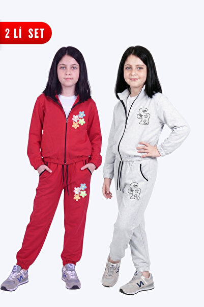 FYK KİDS Girl's 2-Piece Printed Stand Collar Double Pocket Zippered Tracksuit...