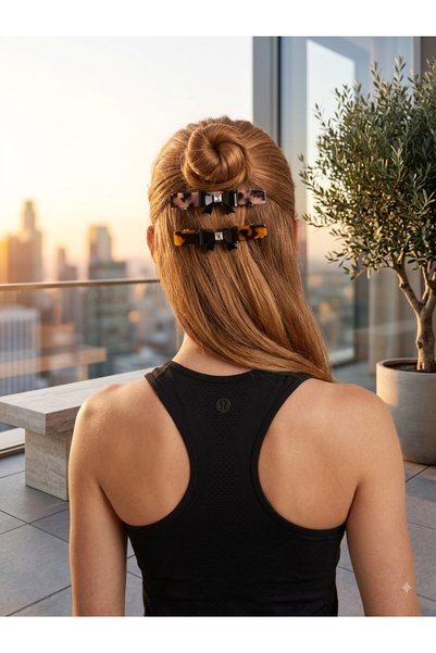 MADE BY PERİ Women's Bone Patterned Automatic Barret Buckle - Luxury Side Buckle Set with Bow for Bun and Ponytail