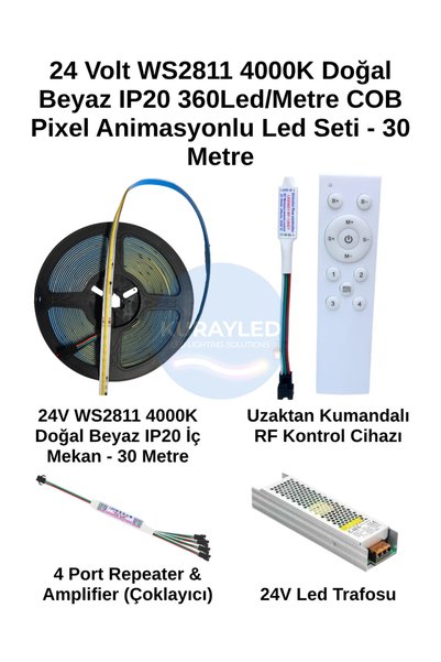 4000K IP20 COB Pixel LED Seti | 24V Doğal Beyaz Pixel LED + RF Kontrolcü + 4'lü Repeater | 10-30 Metre