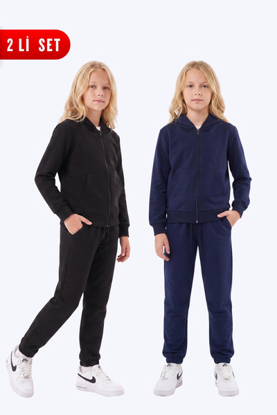 FYK KİDS Girl's 2-Piece Plain Basic Zippered Hooded Double Pocket Tracksuit Set