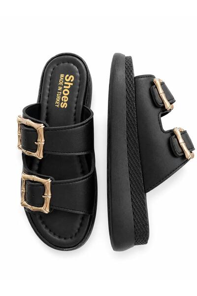 Masal Başdağ Women's Black Double Buckle Platform Slippers |   Stylish Daily ...
