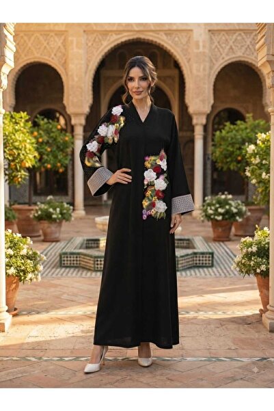 MYMİSİY ÖZEL TASARIM FERACE ABAYA ÇİÇEK NAKIŞLI İNCİLİ STANDART BEDEN (40-46)