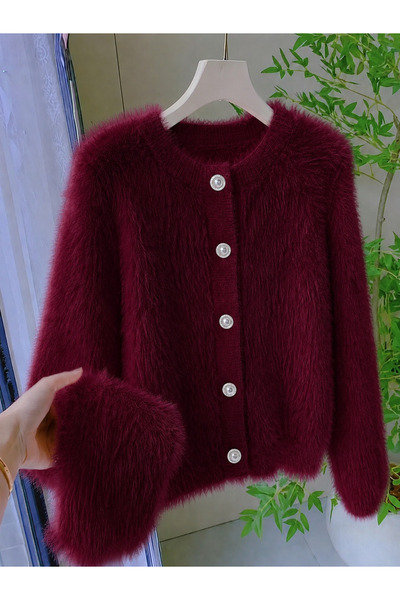 NATUFIAN STORE Women's Plush Look Soft Furry Crew Neck Basic Knitwear Cardigan