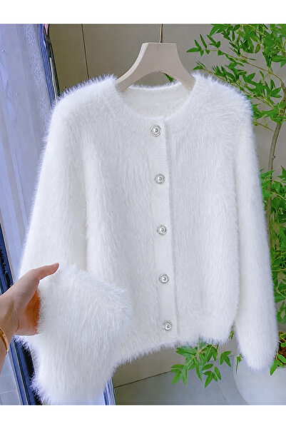 NATUFIAN STORE Women's Plush Look Soft Furry Crew Neck Basic Knitwear Cardigan