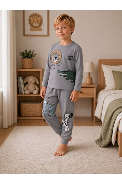 YİGİT BUTİK Boys' Safari Animal Print Long Sleeve Pajama Set