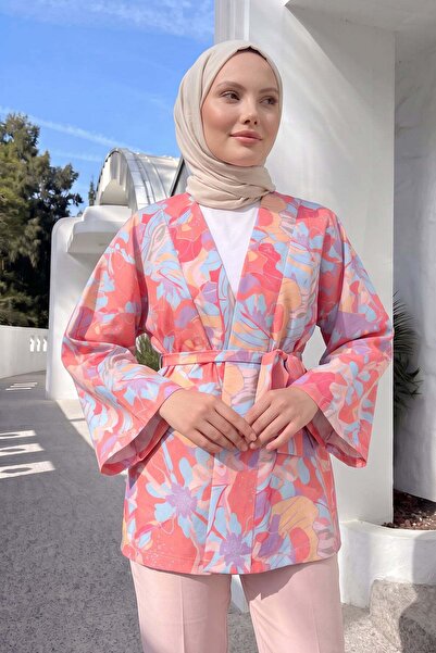 Salih Çelebi Floral Patterned Kimono Y0167 - Pink