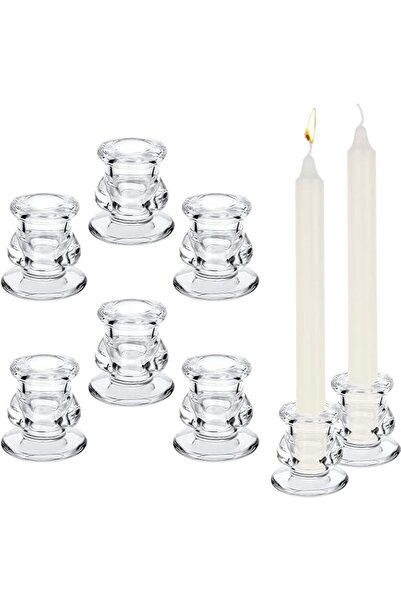 Home Zone 6 Pcs Candlestick Holders Glass Clear Taper Candle Holders 2.4" Hig...