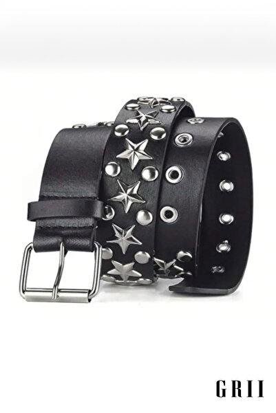 GRİİ WEAR Black Star Detailed Eyelet Belt with Star Studs Unisex Belt