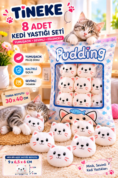 TİNEKE Set of 8 Plush Cat Pillows – Tiny Soft Cat Toy and Sleeping Companion ...