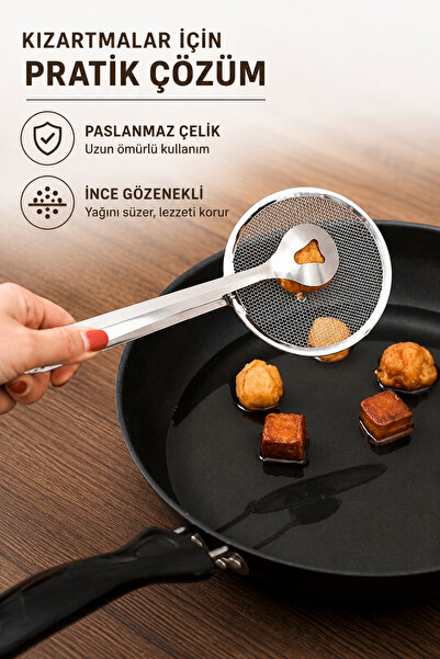 Ercazzo Paslanmaz Çelik Süzgeçli Kızartma Maşası Yağ Süzgeci Maşalı Kevgir Patates Tavuk Börek Kızartma ve Haşlama Maşası 1 Adet