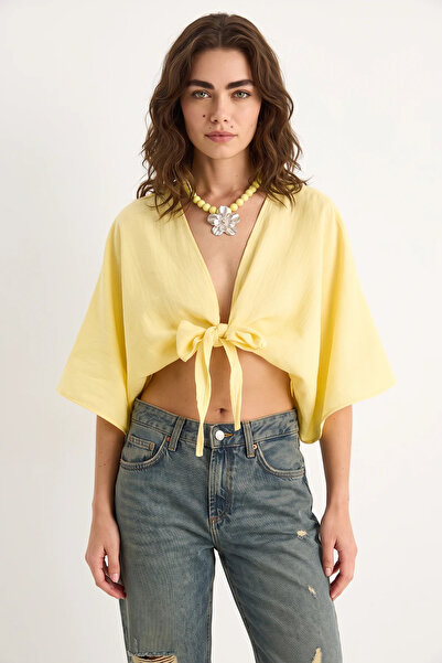 Efnaz style Women's Wide Sleeve V-Neck Muslin Lemon Yellow Blouse with Tie De...