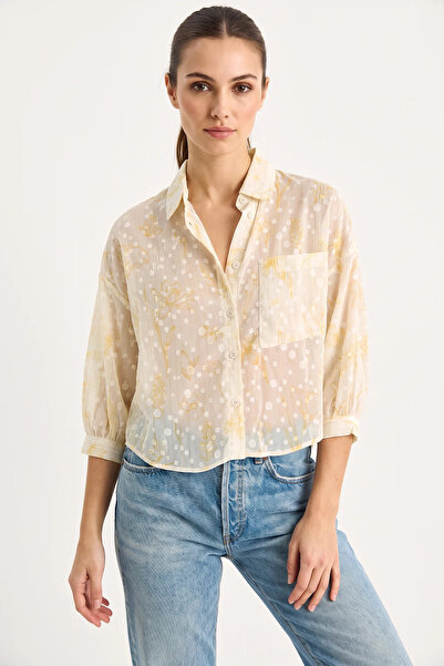 Efnaz style Women's Floral Patterned Half Sleeve Single Pocket Detailed Jacqu...