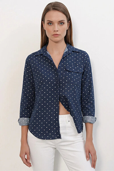 Efnaz style Women's Oversize Single Pocket Polka Dot Navy Blue Shirt