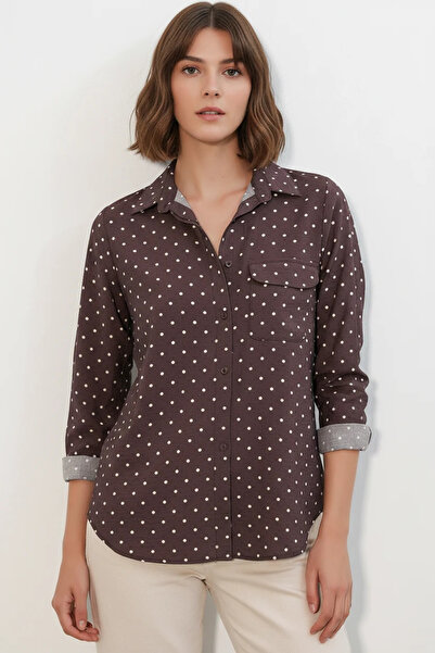 Efnaz style Women's Oversize Single Pocket Polka Dot Brown Shirt