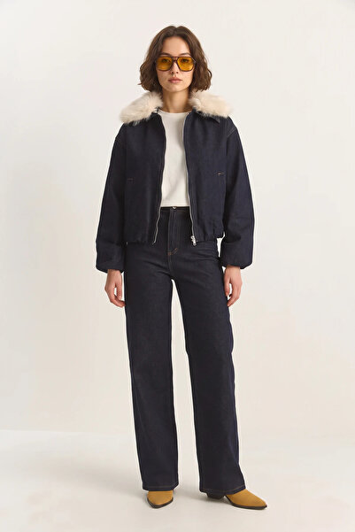 Efnaz style Women's Mobile Faux Fur Collar Lined Denim Bomber Jacket with Poc...