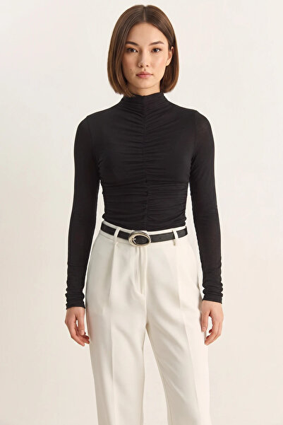 Generic Brand Women's Gathered Long Sleeve Soft Touch Black Blouse