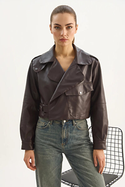 Efnaz style Women's Oversized Crop Jacket with Wide Pocket Detail and Belt in...