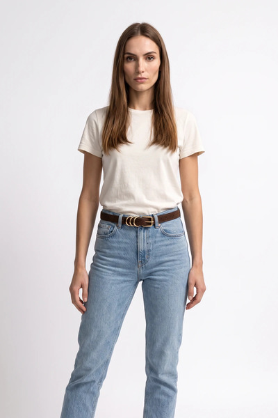 Efnaz style Women's Square Buckle Ring-Loop Thin Suede Belt Bitter Brown