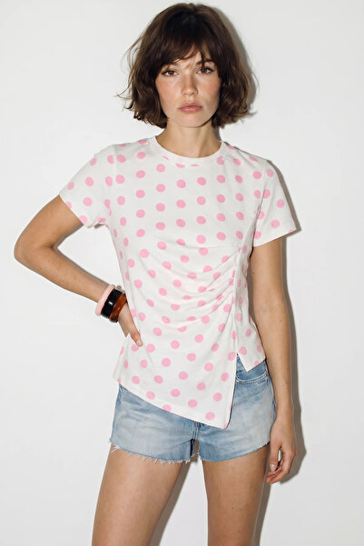 Şeker Portakalım Women's Polka Dot Patterned Crew Neck Draped Asymmetrical Cu...